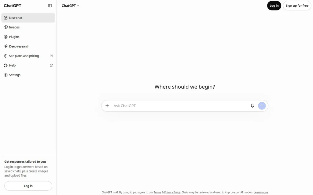 ChatGPT home screen with the prompt “Where should we begin?” above an empty message box.