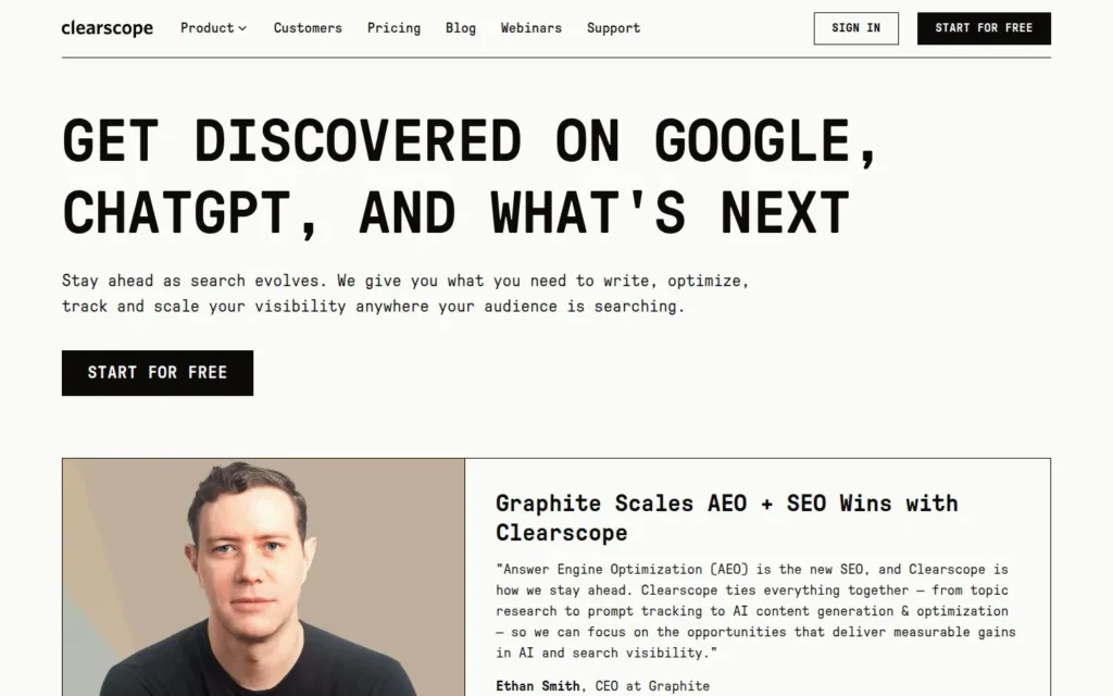 Clearscope homepage with the headline “Get discovered on Google, ChatGPT, and what’s next” and a customer story.