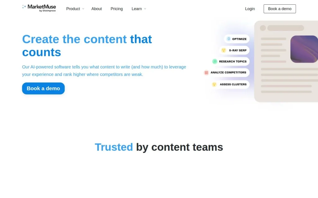 MarketMuse homepage with the headline “Create the content that counts” and a Book a demo button.