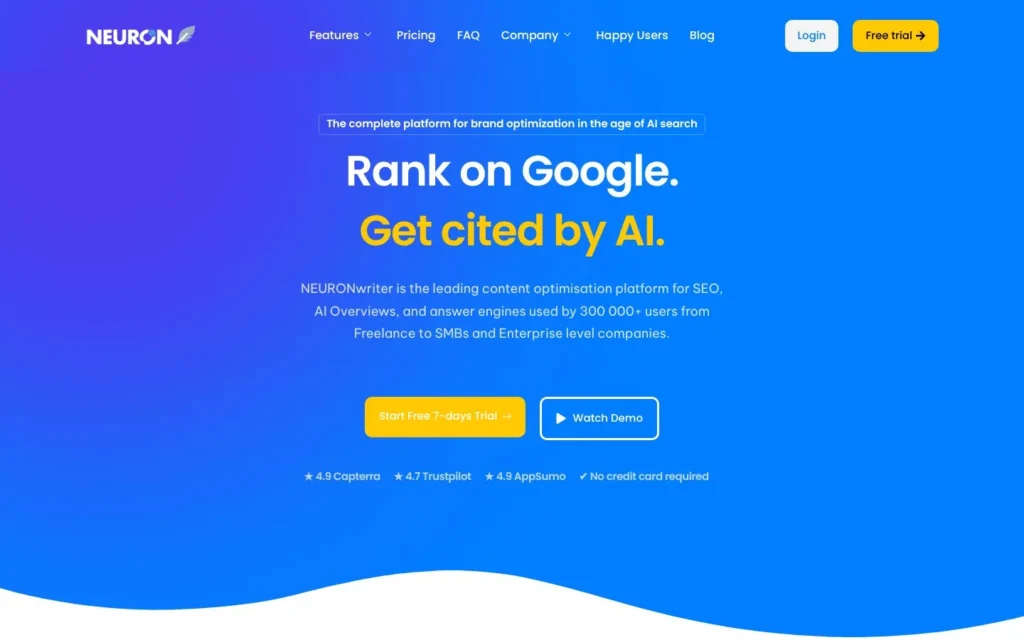 NeuronWriter homepage with the headline “Rank on Google. Get cited by AI.” on a blue background.