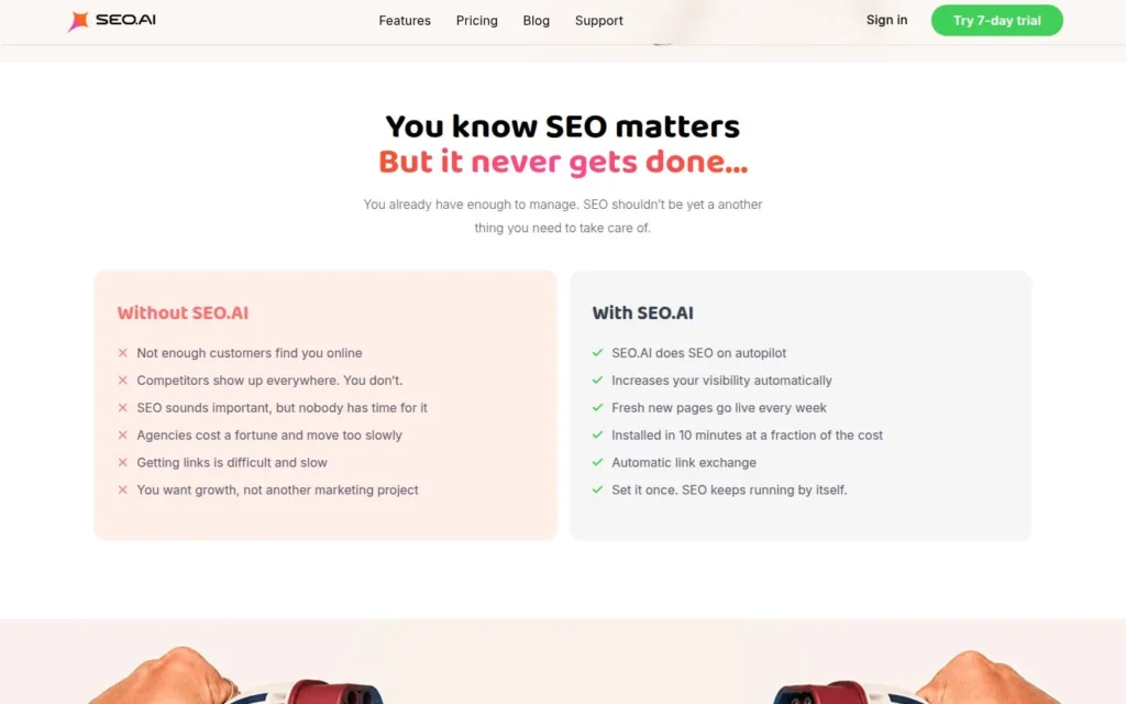 SEO.ai page comparing a business without and with SEO.ai under the heading “You know SEO matters. But it never gets done…”