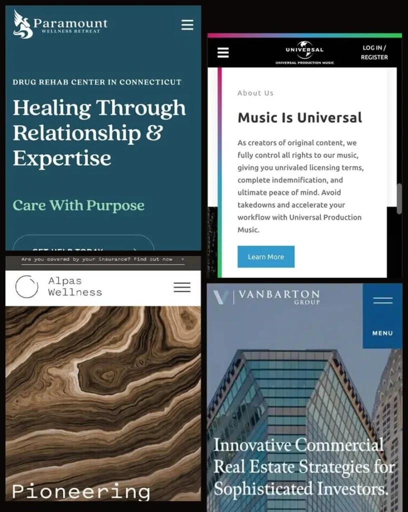 Mobile pages from four DIGITECH-built websites: Paramount Wellness Retreat, Alpas Wellness, Universal Production Music and Vanbarton Group