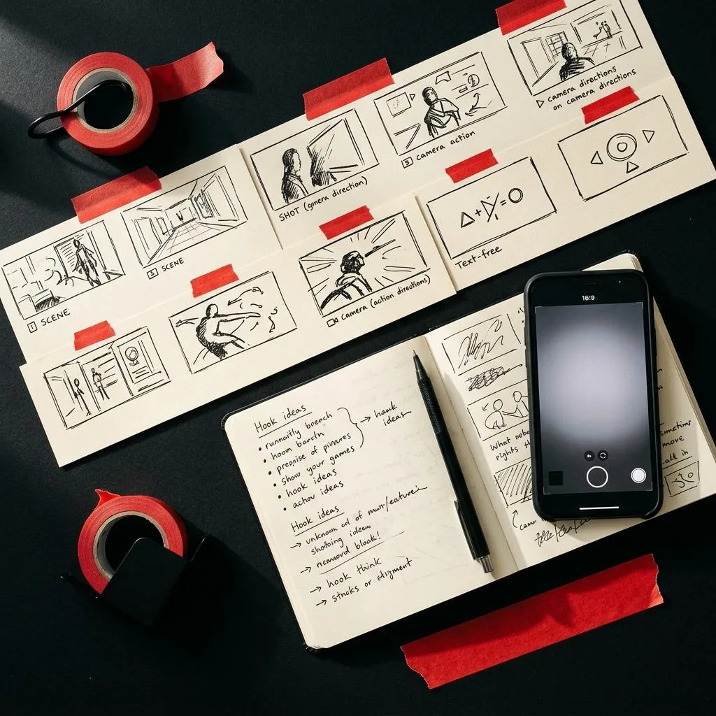 Concept preview: storyboard cards and a vertical video frame on a production desk
