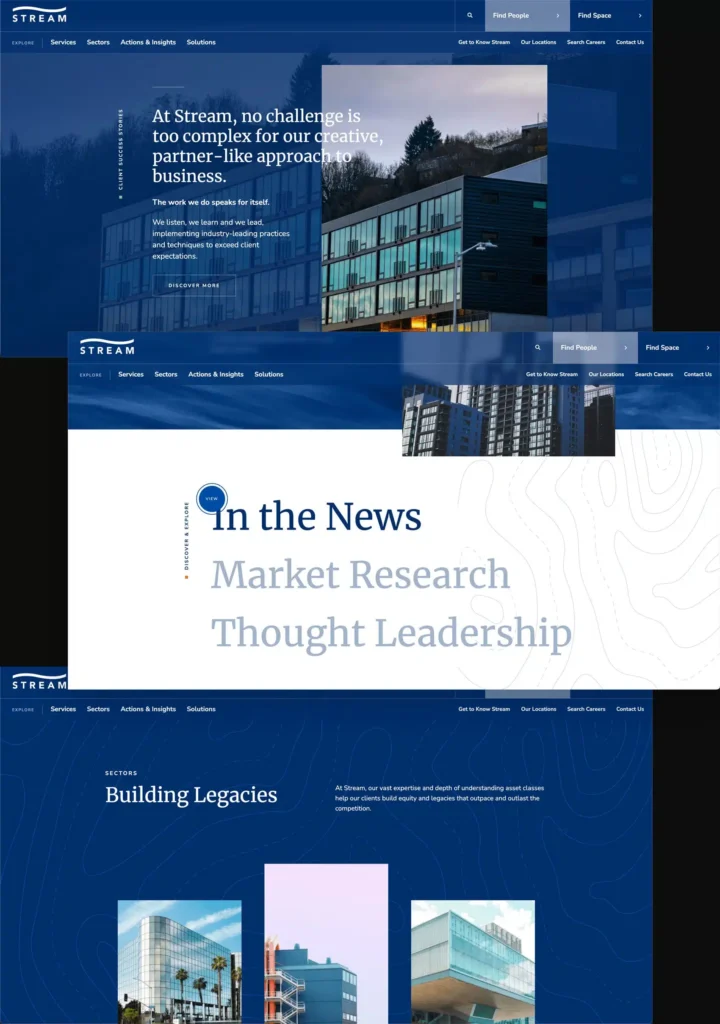 Website screenshots of Stream Realty Partners featuring buildings and text about services.