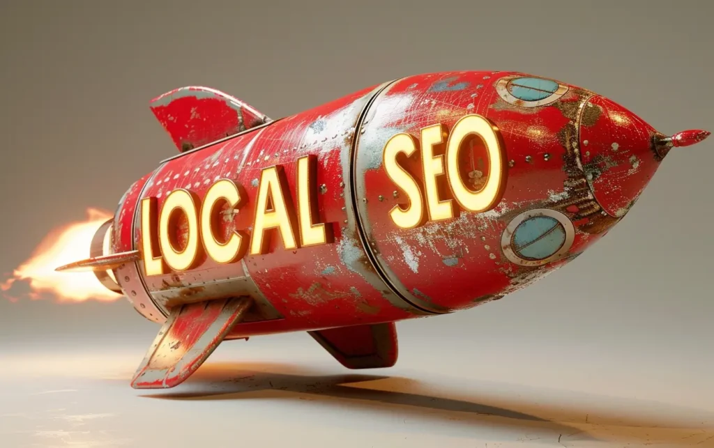 a 3D red rocket that says LOCAL SEO - Digitech