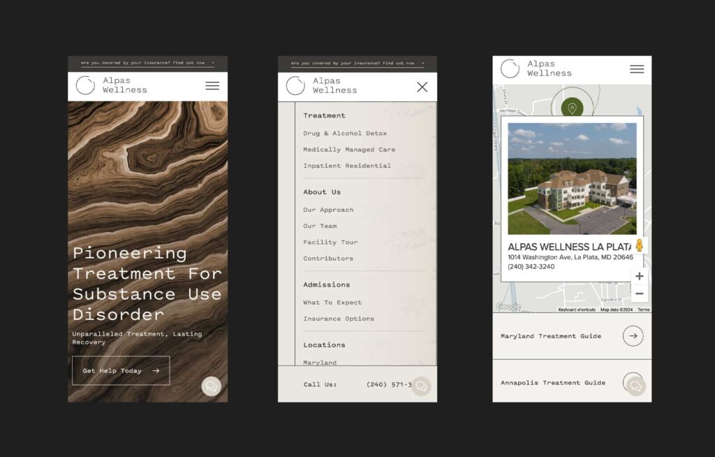 Alpas Wellness mobile website with wood texture, navigation menu, and facility location map.