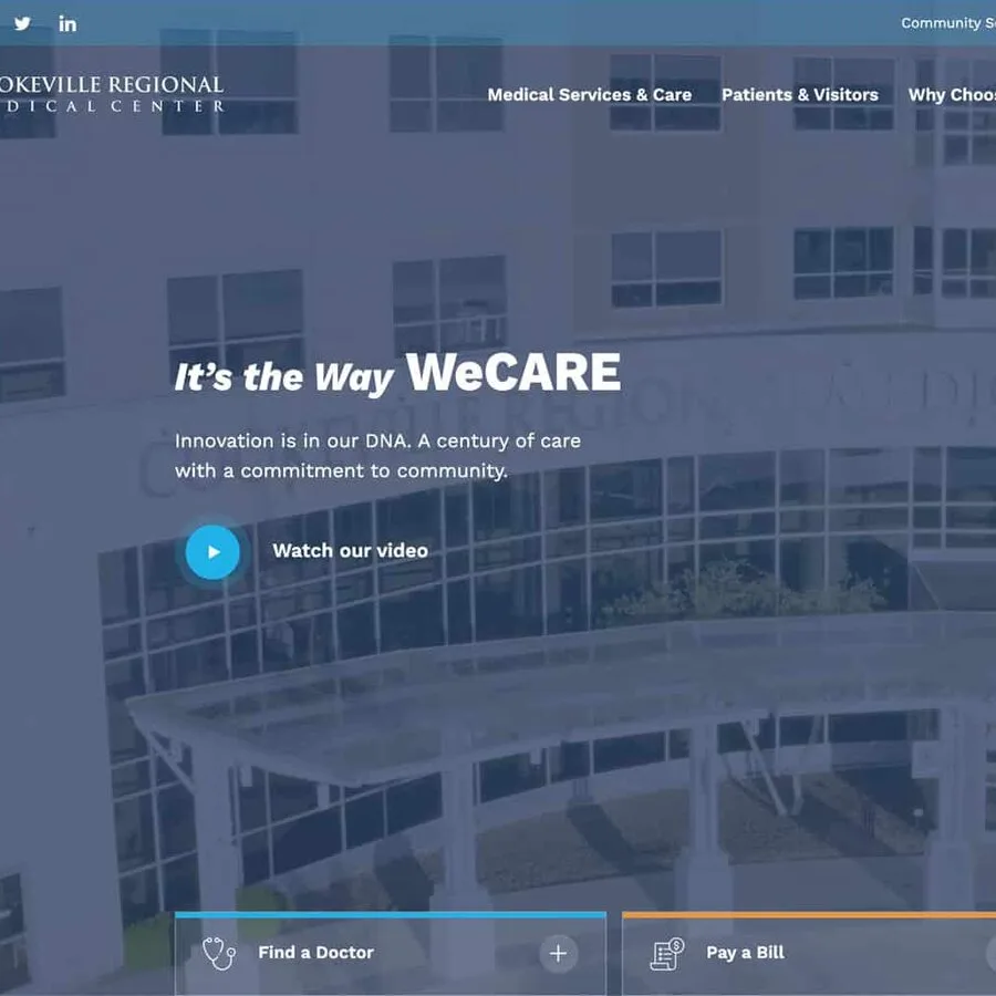 Cookeville Regional Medical Center website hero with Find a Doctor and Pay a Bill actions, designed and built by DIGITECH