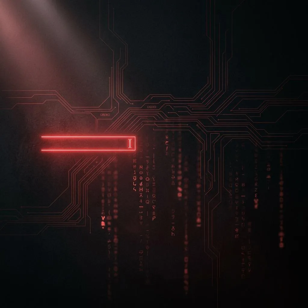 Abstract red code columns falling behind a glowing search cursor.