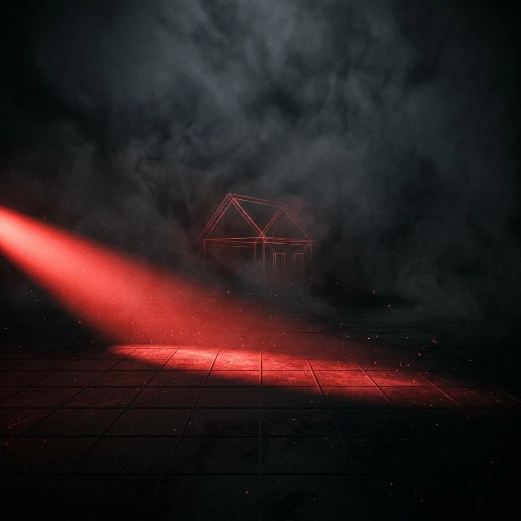 A red searchlight beam sweeping a dark grid toward a wireframe house.