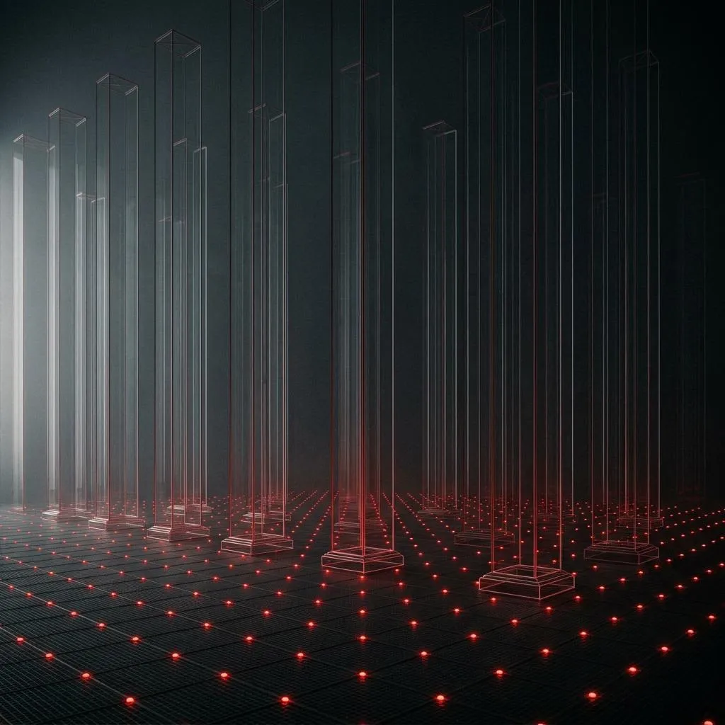 Tall translucent wireframe columns lit by red nodes on a dark grid.