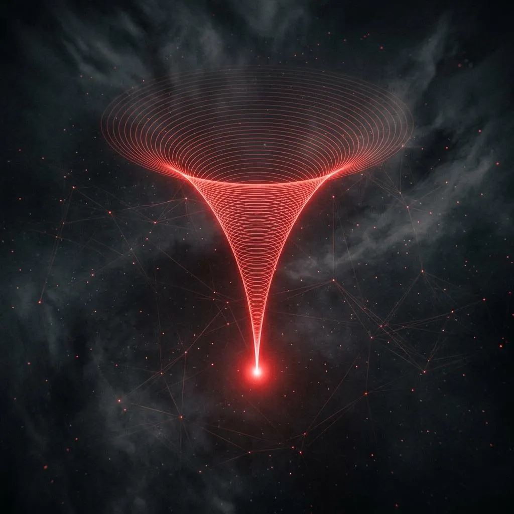 Concentric red wire rings narrowing into a single bright point.