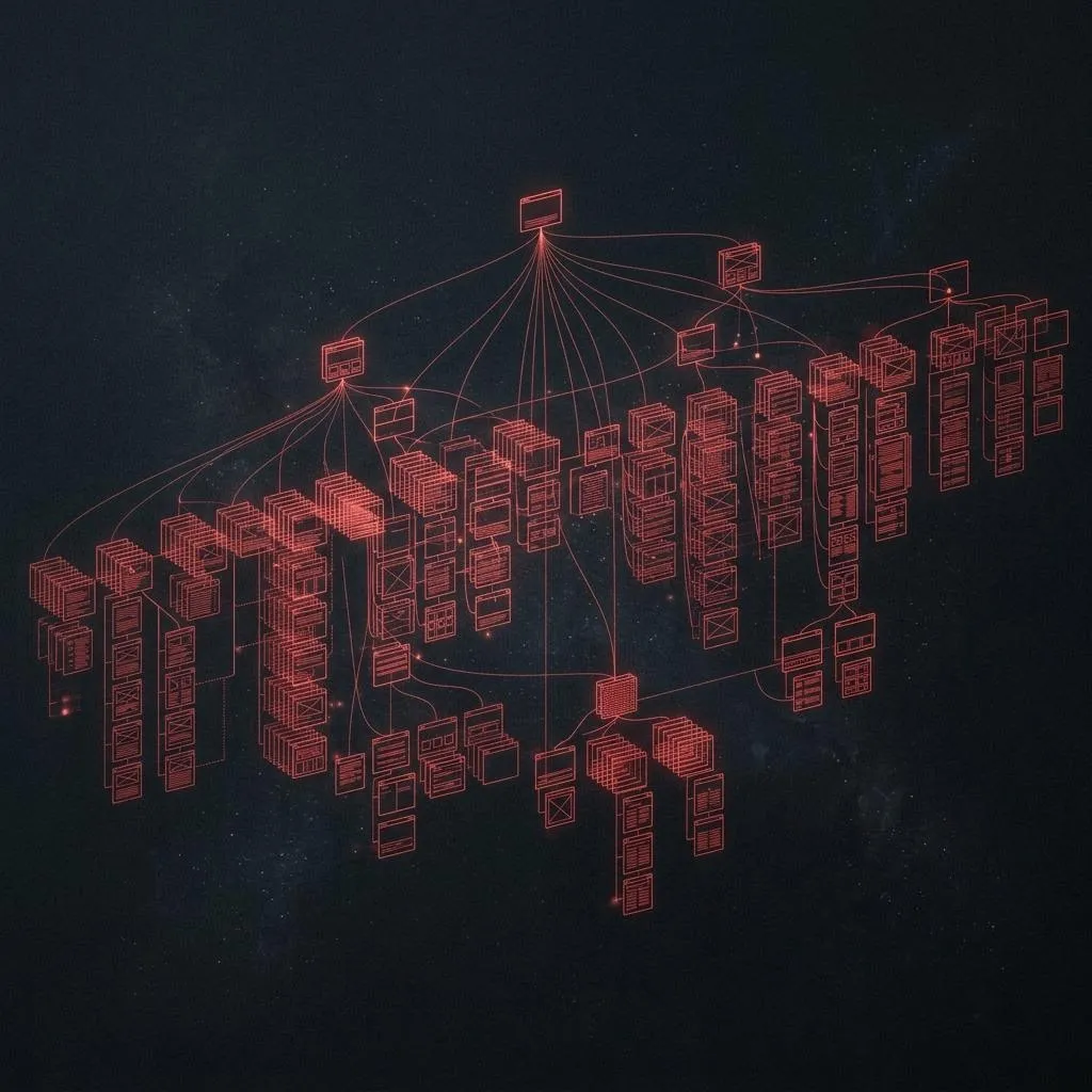 A sitemap-like tree of red wireframe nodes connected by hairlines.