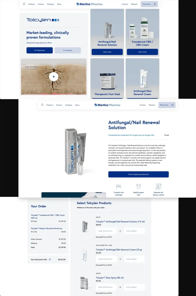 Website of Marlinz Pharma showing Tolcylen Antifungal Nail Renewal Solution products and ordering options.