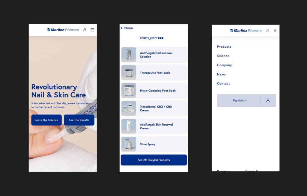 Three Marlinz Pharma mobile screens featuring nail care products and navigation menu.