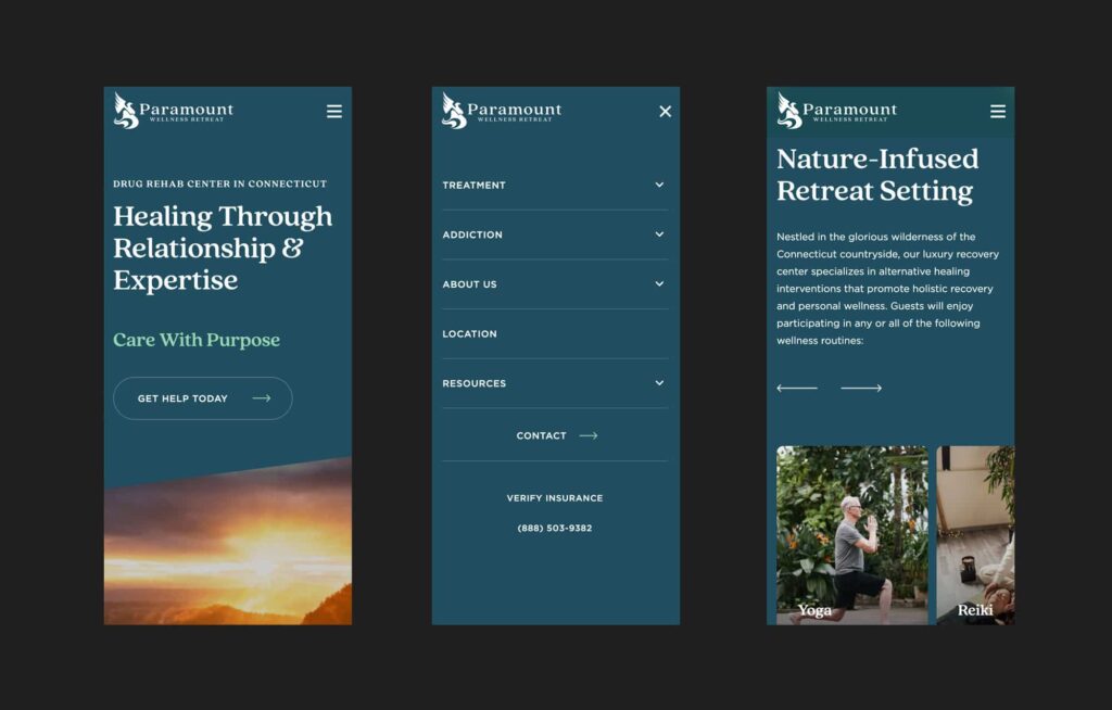 Paramount Wellness Retreat mobile site screens with teal background and white text.