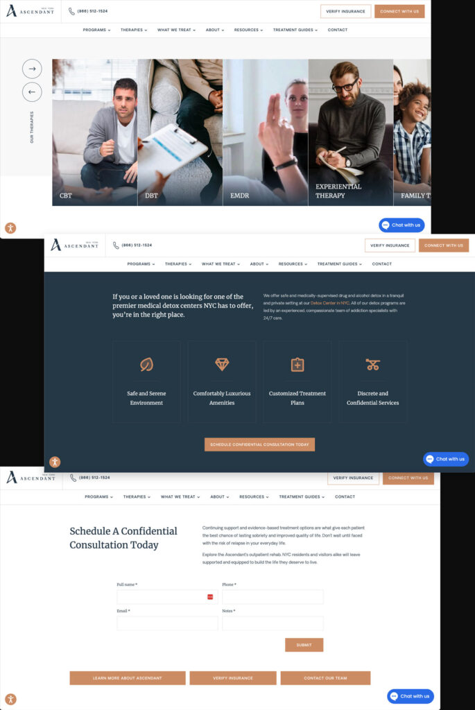 Website homepage of Ascendant with therapy options and contact details.