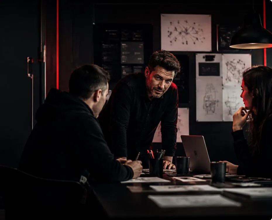 DIGITECH strategists reviewing a search plan around a table in the Austin studio