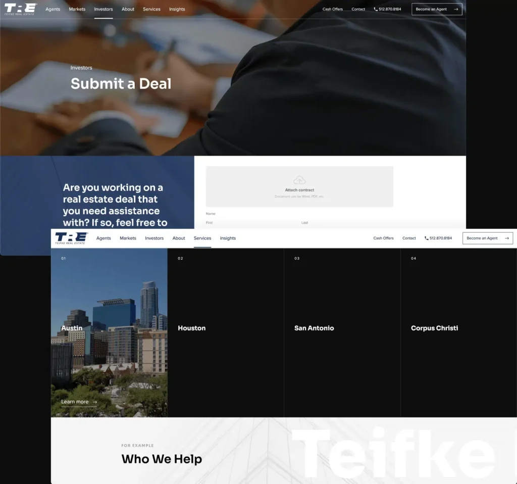 Screenshot of a real estate website showing cities like Austin, Houston, San Antonio, Corpus Christi and contact options.