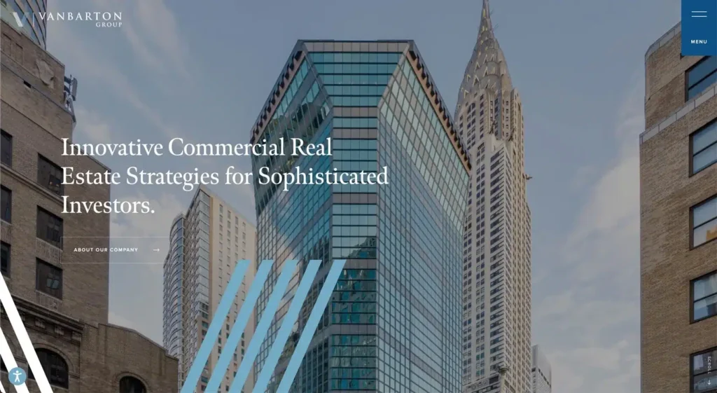 Skyscrapers with text 'Innovative Commercial Real Estate Strategies for Sophisticated Investors'.