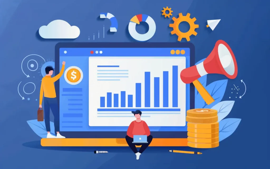 vector illustration of a monitor with SEO style charts and two vector people -Digitech